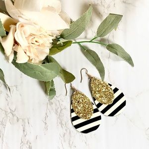 NWT Black & White Stripe Faux Leather Earrings
